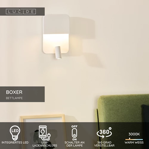 Lucide BOXER - Bettlampe / Wandleuchte - LED - 3000K - Mit USB-Ladepunkt - Weiß - USP